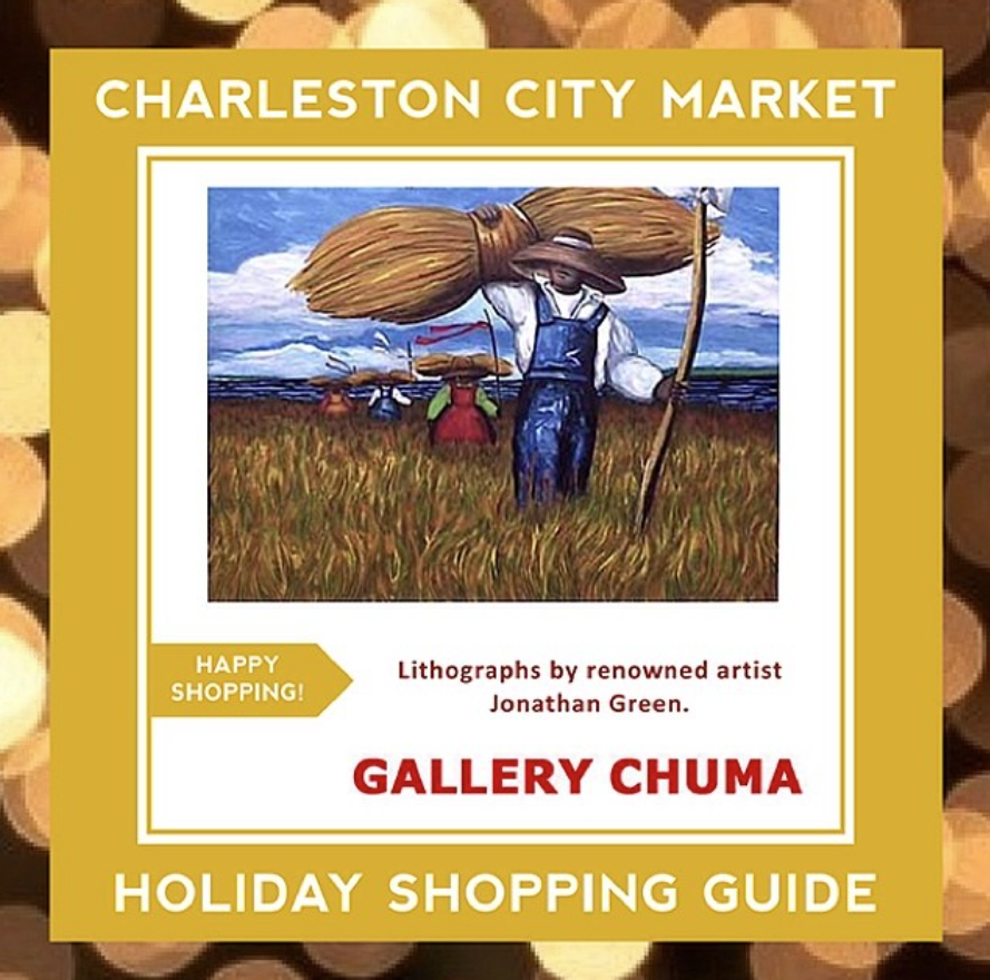 Chuma Gallery advertisement highlighting African-inspired art, handcrafted pieces, and cultural gifts available at their gallery in the Charleston Market.