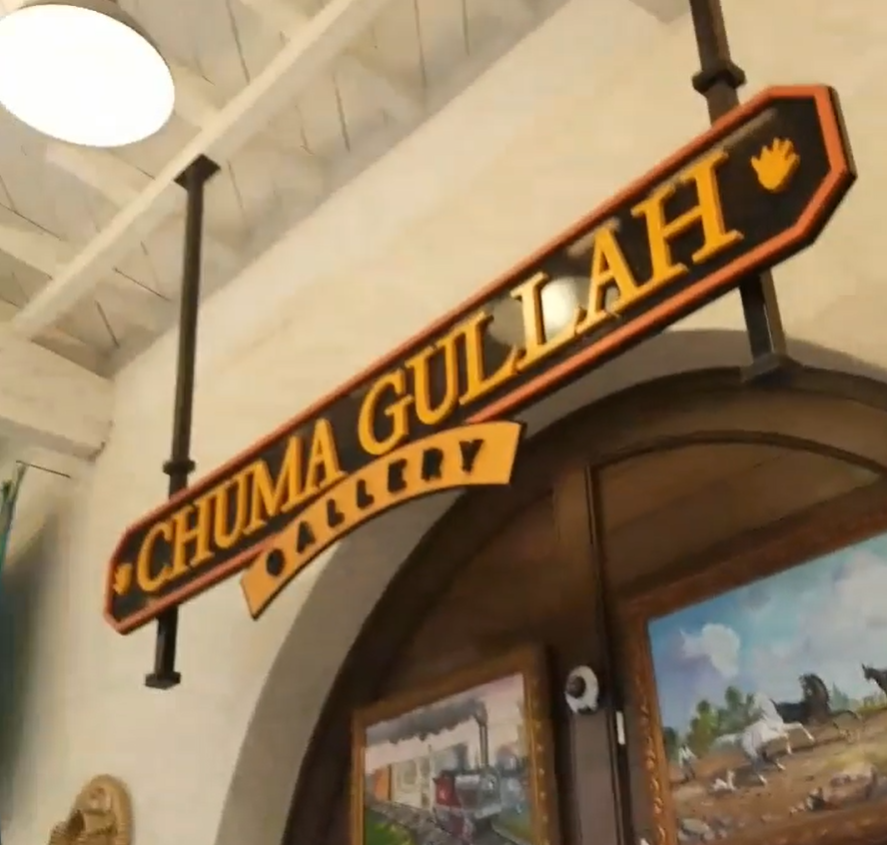 Chuma Gallery sign displayed at the Charleston Market, representing a distinctive art gallery showcasing African-inspired and culturally meaningful artwork.