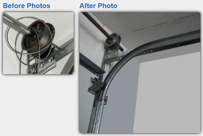 Before and after comparison of garage door mechanism repair performed by Garage Doors Stockbridge, demonstrating restored safety, smooth operation, and reliable performance.