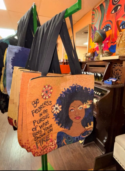 Original art tote bags by GBaby Art featuring hand-painted designs that blend creativity, culture, and self-expression, crafted as functional art pieces for everyday use.