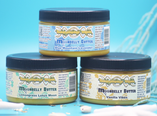 Moonbelly Butter by I Am Honeysuckle Moon, a rich organic body care product formulated with nourishing oils and butters to deeply moisturize, soothe dry skin, and support self-care rituals.