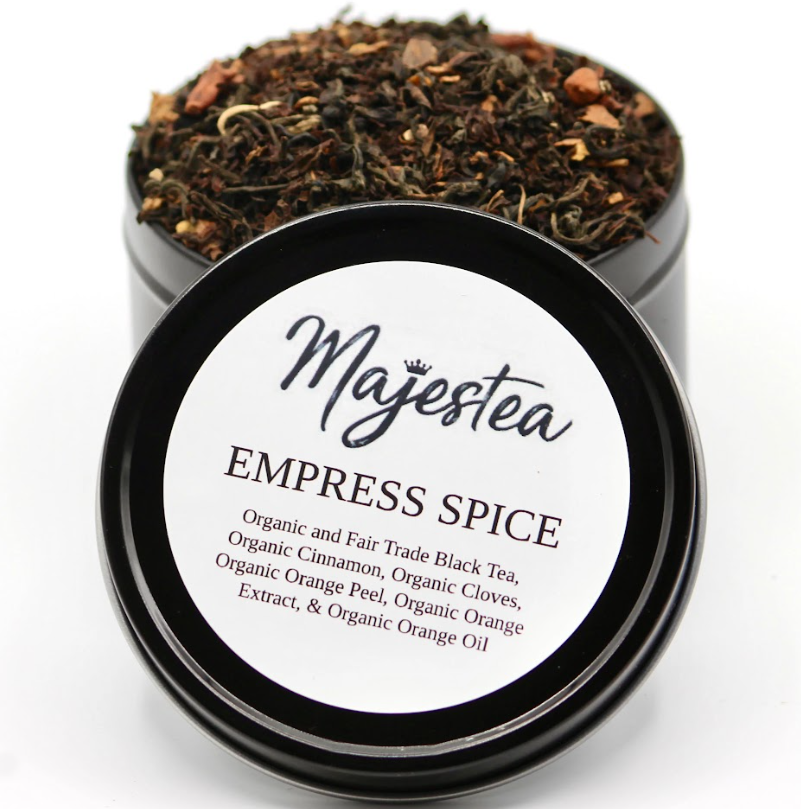 Empress Spice Black Tea from My MajesTeas, an organic black tea blend infused with warming spices designed to support comfort, clarity, and a richly satisfying tea experience.