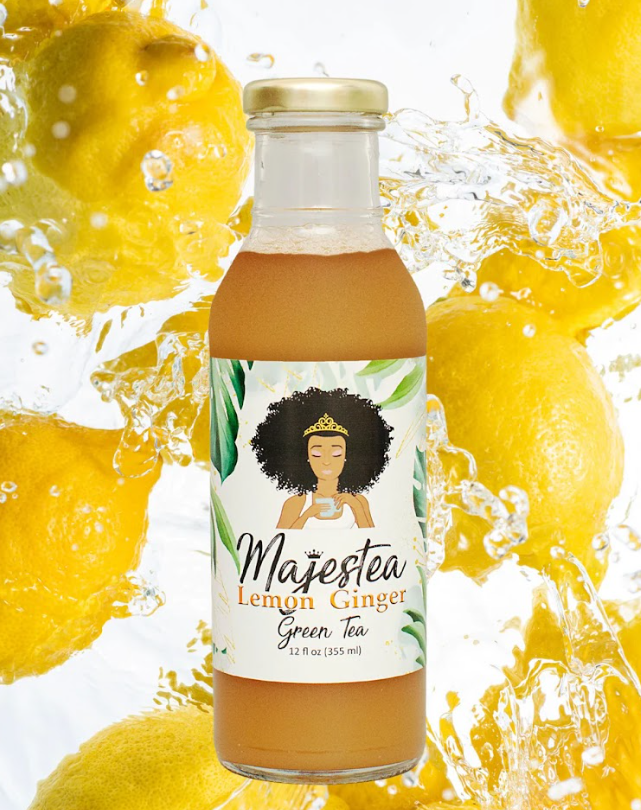 Lemon Ginger Green Tea by My MajesTeas, an organic green tea blend crafted to support digestion, gentle detox, and refreshing daily wellness with bright citrus and warming ginger notes