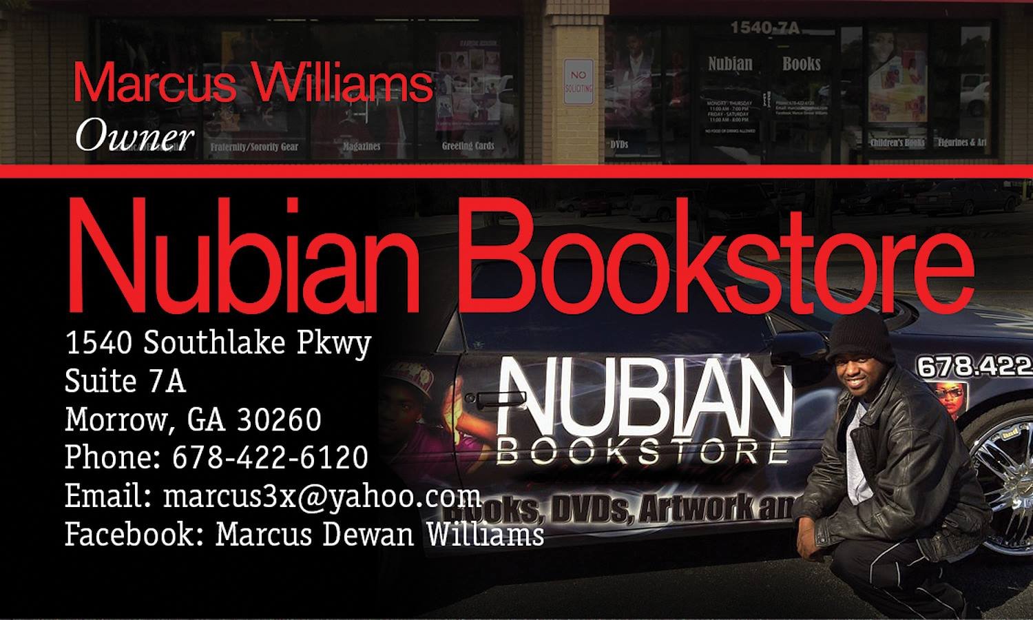 Exterior of Nubian Bookstore with owner Marcus Williams, highlighting a community-centered Black-owned bookstore dedicated to education, culture, wellness, and empowering literature.