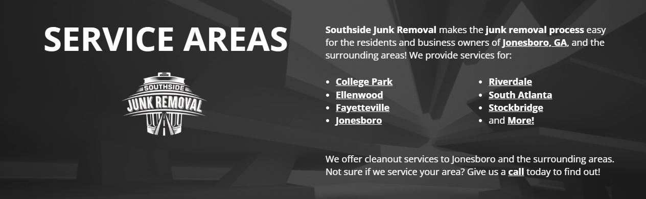 Southside Junk Removal service areas displayed, highlighting coverage throughout Metro Atlanta and surrounding communities for residential and commercial junk removal.