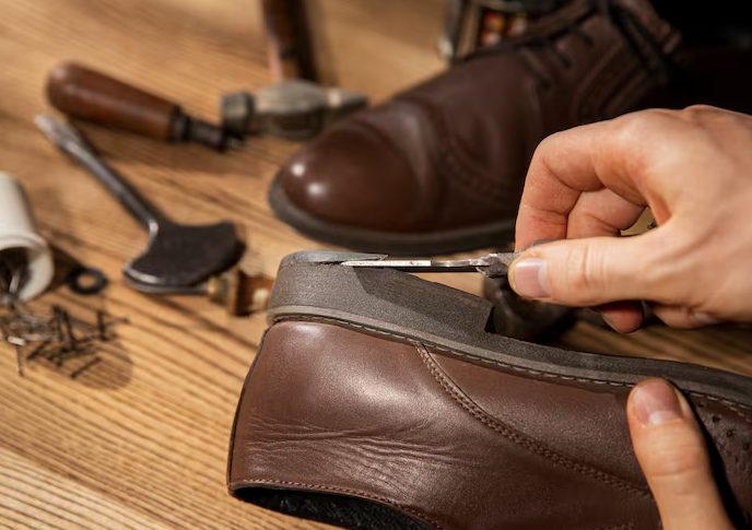 Craftsmanship-focused repair of brown shoes highlighting quality workmanship, careful restoration, and attention to durability by a family-owned shoe repair business in Stockbridge, Georgia.