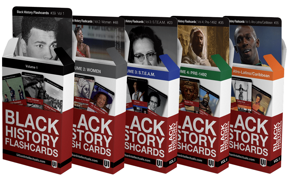 Sets of Black History flash cards by Urban Intellectuals showcasing educational tools designed to promote cultural knowledge, historical awareness, and meaningful learning experiences.