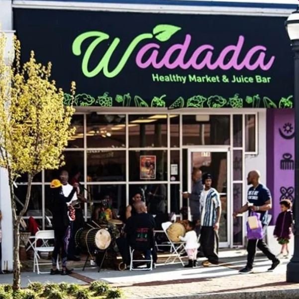 Exterior view of Wadada Healthy Market & Juice Bar, Atlanta’s first Black-woman-owned vegan grocery store and juice bar, located in the historic West End and offering plant-based foods, juices, and holistic wellness products.