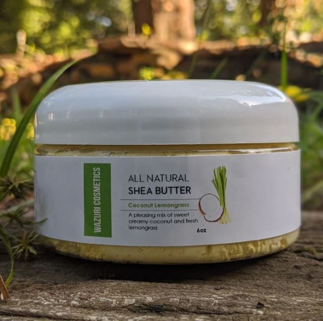 All-natural shea butter from Wazuri Cosmetics infused with coconut and lemongrass, formulated to deeply moisturize, soften skin, and support healthy, glowing skin using clean, plant-based ingredients.