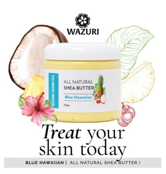 Blue Hawaiian shea butter by Wazuri Cosmetics featured as a nourishing body moisturizer designed to hydrate, protect, and revitalize skin with rich, natural oils and botanical ingredients.