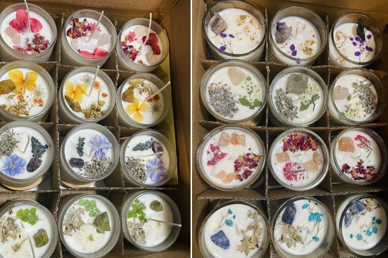 Handmade Crystal and Botanical Candles with Dried Flowers – Choke Ah Bead Stockbridge GA