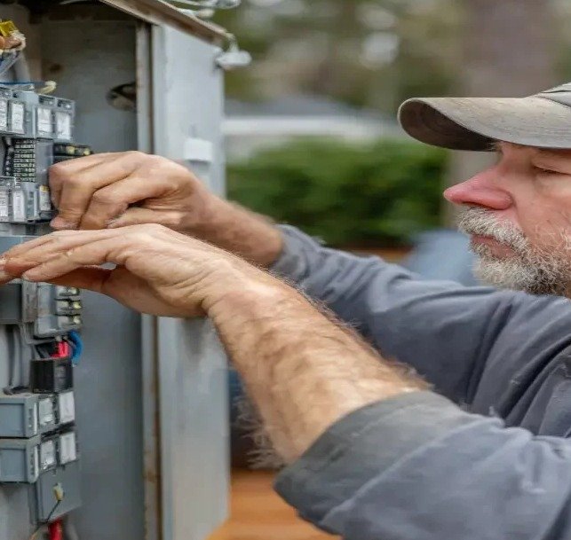 Licensed Electrician Repairing Electrical Panel Outdoors – Mr. Dees Electric Service LLC