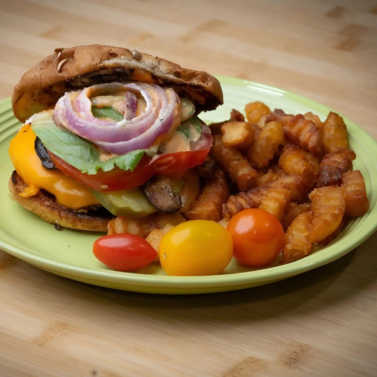 Vegan Burger with Crinkle Fries and Cherry Tomatoes – Plant Based Zo Atlanta